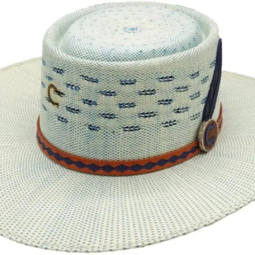Cream and Blue Patterned Straw Hat - Picture 5 of 6